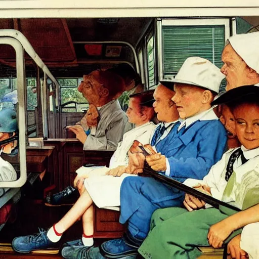 Image similar to Walter white driving a school bus full of Water Whites, Norman Rockwell