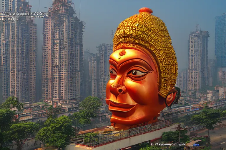 Image similar to high quality 3 d cyberpunk biomorphic hanuman head building in the middle of mumbai!!, kalighat highly detailed, cinematic smooth, stephen shore & john j. park, soft morning light, wide shot, high angle, uhd 8 k, deep focus