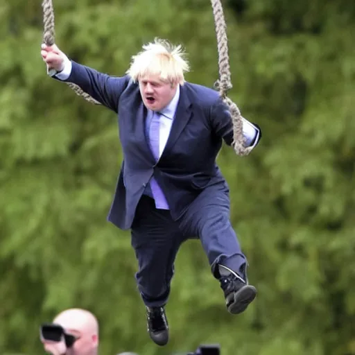 Image similar to Boris Johnson dangling from a rope from the sky