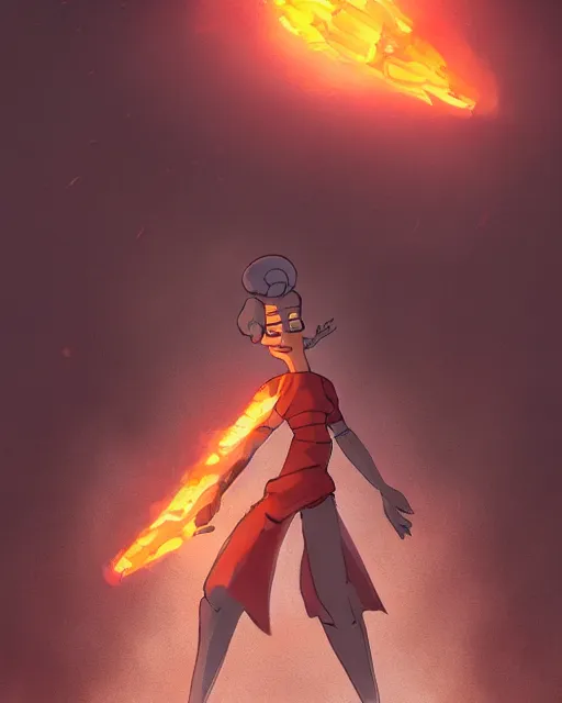 Prompt: squidward wearing fire nation clothing and practicing firebending outside at susnset, [ [ [ [ [ [ [ [ greg rutkowski ] ] ] ] ] ] ] ]