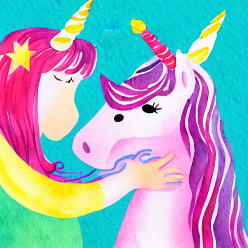 Image similar to girl and unicorn, illustration, cute watercolor children book colorful