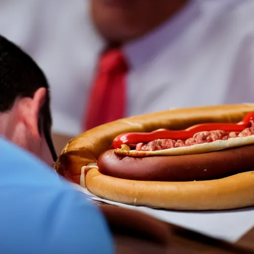 Image similar to gopro footage of a man made out of hotdogs eating a slice of pizza in a court room, iso 2 0 0, depth of field, cinematic, volumetric lighting