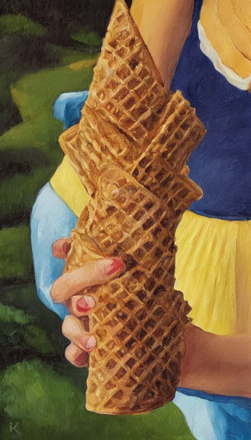 Image similar to still-life painting of hand holding a waffle cone containing gelato scoops by Krøyer, lush garden in the background, golden hour, dramatic lighting, volumetric lighting, intricate detail, canvas print