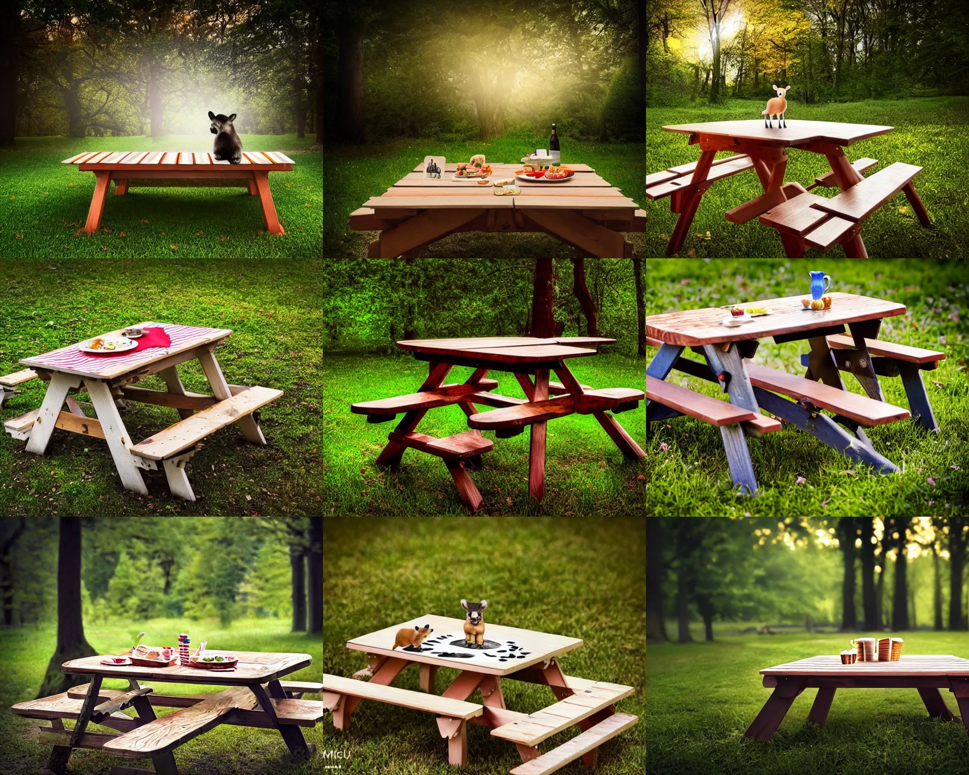 Prompt: a picture of a simple wooden picnic table with a cute animal painted on top of it, dramatic lighting, fantasy, intricate, elegant, highly detailed, lifelike, photorealistic, Sigma 1.6, 50mm, bokeh, HDR, high resolution, artstation, concept art, smooth, sharp focus, art by John Collier and Albert Aublet and Krenz Cushart and Artem Demura and Alphonse Mucha
