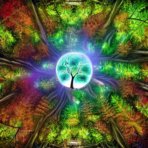 Prompt: Forest, giant tree in the center, glowing leaves, tree of life, masterpiece, 4k, digital art