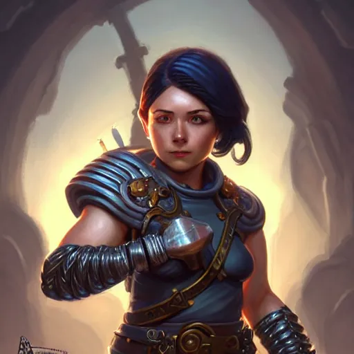 Prompt: muscular female gnome engineer artificer, wearing metal gauntlet, short black hair, naval landscape, full body portrait, d & d, fantasy, intricate, elegant, highly detailed, digital painting, artstation, centred, rule of thirds, concept art, sharp focus, illustration, cover by artgerm, art by greg rutkowski