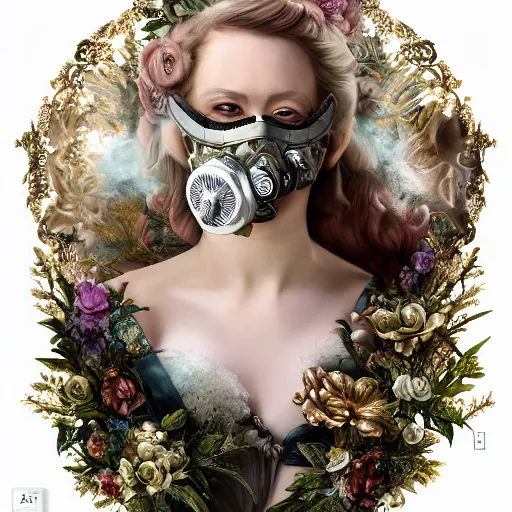 Image similar to A masterpiece ultrarealistic ultradetailed portrait of a Incredibly beautiful angel armored princess knight IN INCREDIBLE FEARFUL sharp poisoned GAS MASK WITH FLOWERS and swarovski crystals. baroque renaissance. in the forest. White amazing corset. medium shot, intricate, elegant, highly detailed. trending on artstation, digital art, by Stanley Artgerm Lau, WLOP, Rossdraws, James Jean, Andrei Riabovitchev, Marc Simonetti, Yoshitaka Amano. background by James Jean and Gustav Klimt, light by Julie Bell, 4k, porcelain skin. BY ZDIZISLAW BEKSINSKI Cinematic concept art