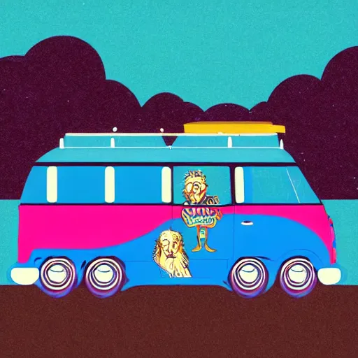 Image similar to illustration of jerry garcia (driving a Volkswagen bus) and waving