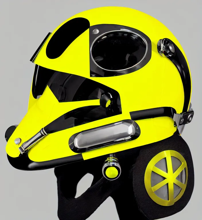 Image similar to futuristic yellow racing helmet with headset and chrome visor, a fusion of punk, cybertech and mad max aesthetics, neon trims, by kawakubo rei, takada kenzo and laurie greasley