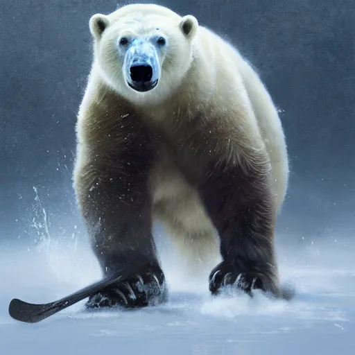 Image similar to polar bear playing hockey, intricate, sharp focus, illustration, highly detailed, digital painting, concept art, matte, art by ruan jia and wlop and greg rutkowski, masterpiece