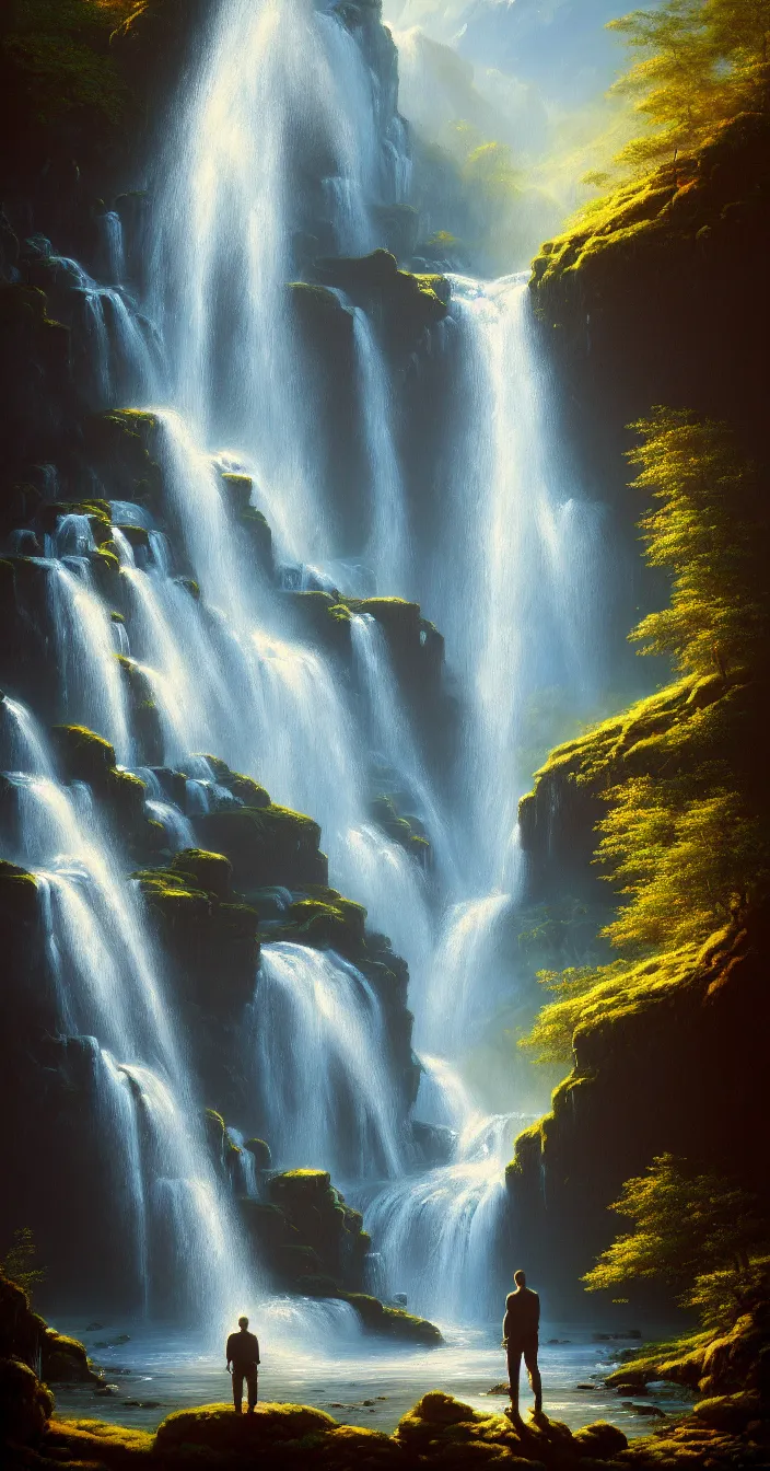 Prompt: highly detailed wide angle painting of a man standing near waterfall from mountains at the time of evening, canvas fantasy oil painting, art by greg rutsowski, concept art, 8 k detail post - processing