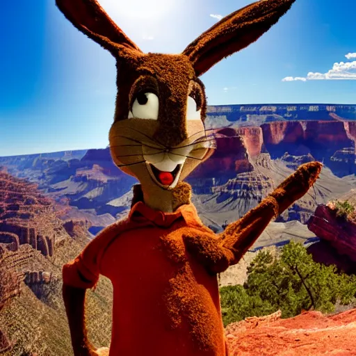 Prompt: Photo of a 3D Bugs Bunny in front of the Grand Canyon, sweating profusely, photography, HDR