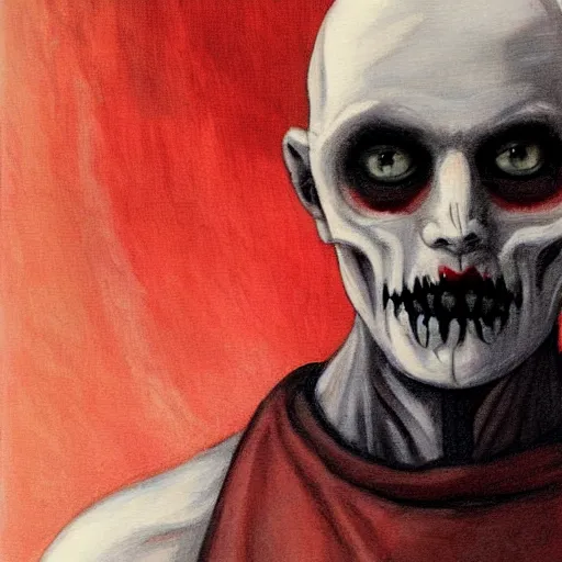 Image similar to d & d painting portrait necromancer man with bald head, red sunken eyes, pallid skin, long flowing black and red robes. fingers are bony and long