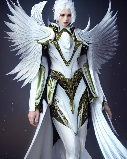 Prompt: tall, attractive white haired priestess wearing white dove wings, warframe armor, regal, attractive, ornate, sultry, sexy, beautiful, elize theron, pretty face, green eyes, scifi platform, 4 k, ultra realistic, epic lighting, illuminated, cinematic, black gold, art by akihito tsukushi, voidstar