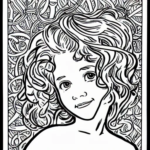 Image similar to clean simple line art of a little girl with wavy curly hair. white background. well composed, clean black and white line drawing, beautiful detailed face. illustration by steve ditko and jack kirby and alphonse mucha