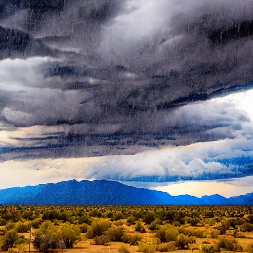 Prompt: monsoon season in the high desert. fantastic, huge clouds that let loose the beautiful and sometimes destructive rain that can create flash floods in a matter of minutes.