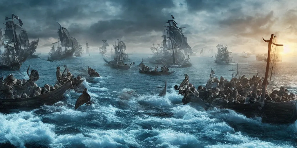 Image similar to An Epic viking sea battle, realistic 4k octane beautifully detailed render, 4k post-processing, highly detailed, intricate complexity, epic composition, magical atmosphere, cinematic lighting, masterpiece, ultra hd