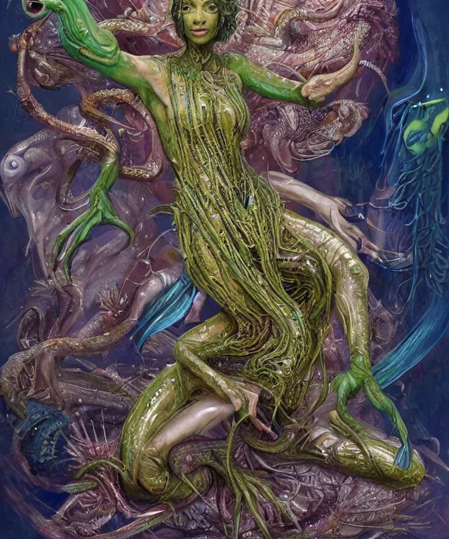 Prompt: a portrait photograph a disney princess as a strong alien harpy queen with amphibian skin. she is dressed in a colorful slimy organic membrane catsuit and transforming into an bird with an armored exoskeleton. by donato giancola, walton ford, ernst haeckel, peter mohrbacher, hr giger. 8 k, cgsociety, fashion editorial