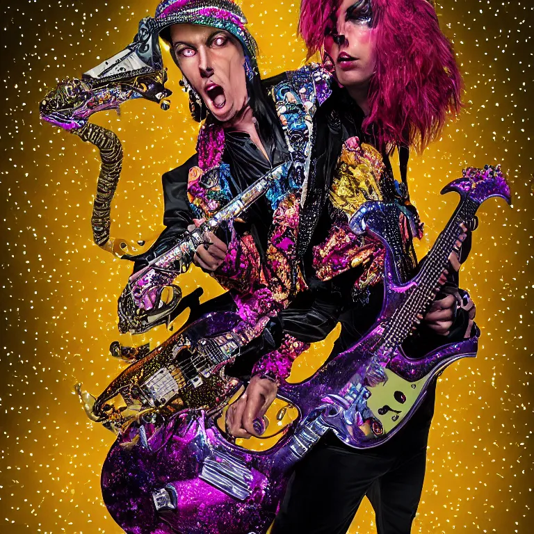 Image similar to high fashion photoshoot octane render portrait by wayne barlow and carlo crivelli and glenn fabry, a psychedelic werewolf guitar player wearing a colorful bright velvet and rhinestone glam rock outfit and holding a futuristic clear plastic fender guitar inside a futuristic beautiful boutique fantasy hotel lobby, very short depth of field, bokeh