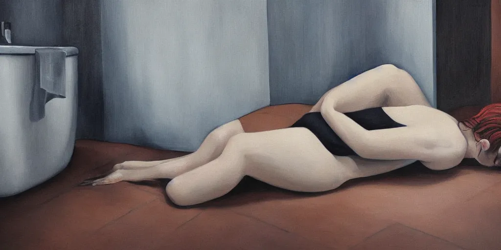 Prompt: surreal painting of a sad woman, alone, lying on the floor of a bathroom