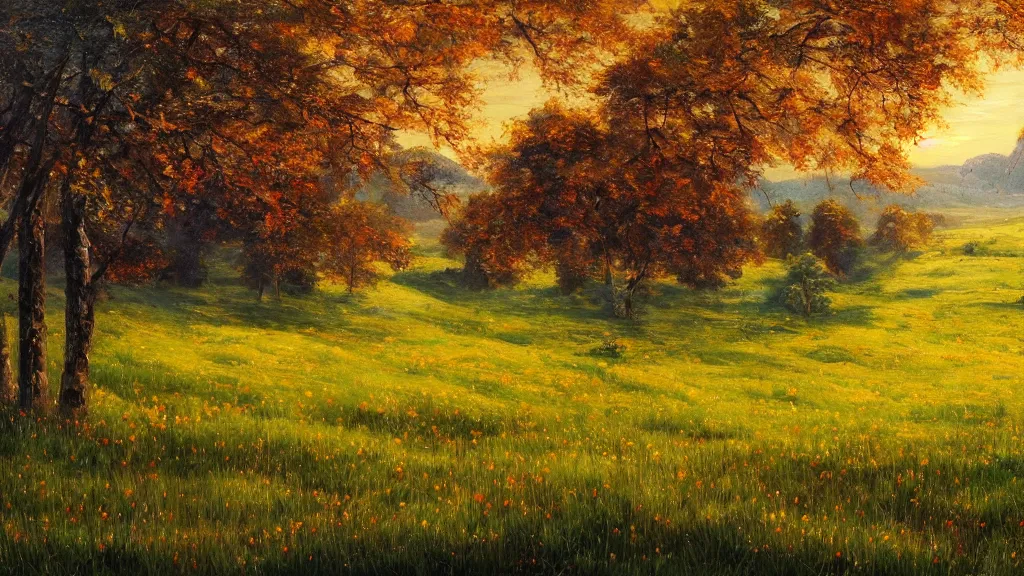 Prompt: the most beautiful panoramic landscape, oil painting, meadow with trees starting to bloom, leaves falling, cinematic lighting, highly detailed, very realistic