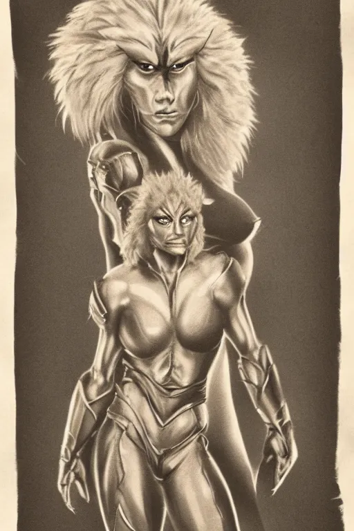 Image similar to cheetara from thundercats, portrait, full body, symmetrical features, silver iodide, 1 8 8 0 photograph, sepia tone, aged paper, sergio leone, master prime lenses, cinematic