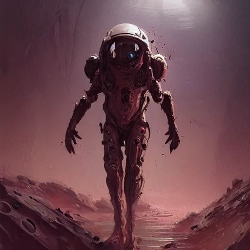 Prompt: scifi art by Greg Rutkowski, a person infected with a kind of reddish silt that is sprouting from all over his body, violent and vicious appearance, dressed in a futuristic space suit, claustrophobic science fiction setting inside a desolate space colony, detailed and intricate environment, high technology, digital painting, artstation, concept art, smooth, sharp foccus ilustration, Artstation HQ.