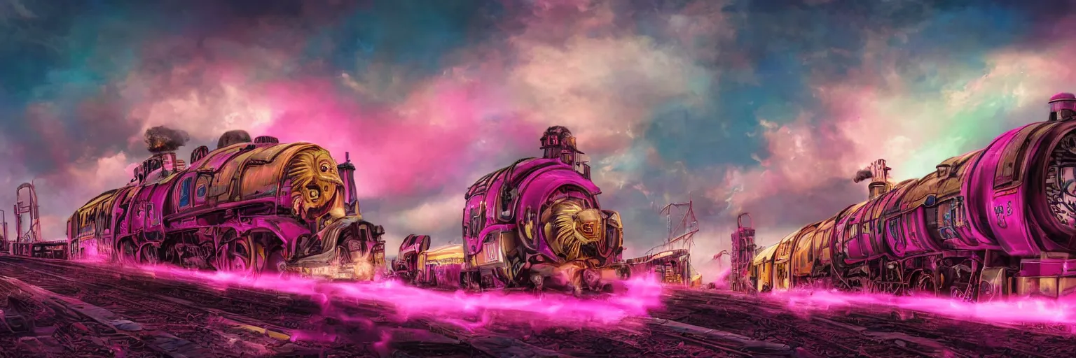 Prompt: space, pink pirate train, dog, run, pirate neon ship with punks on board, mohawks, neon, oil painting, rich deep colors masterpiece, ultra detailed, contrast, heaven pink, lots of roman arches, clouds, sky, volumetric light, atmospheric lighting, dramatic, cinematic, moody, octane render 4 k, 8 k