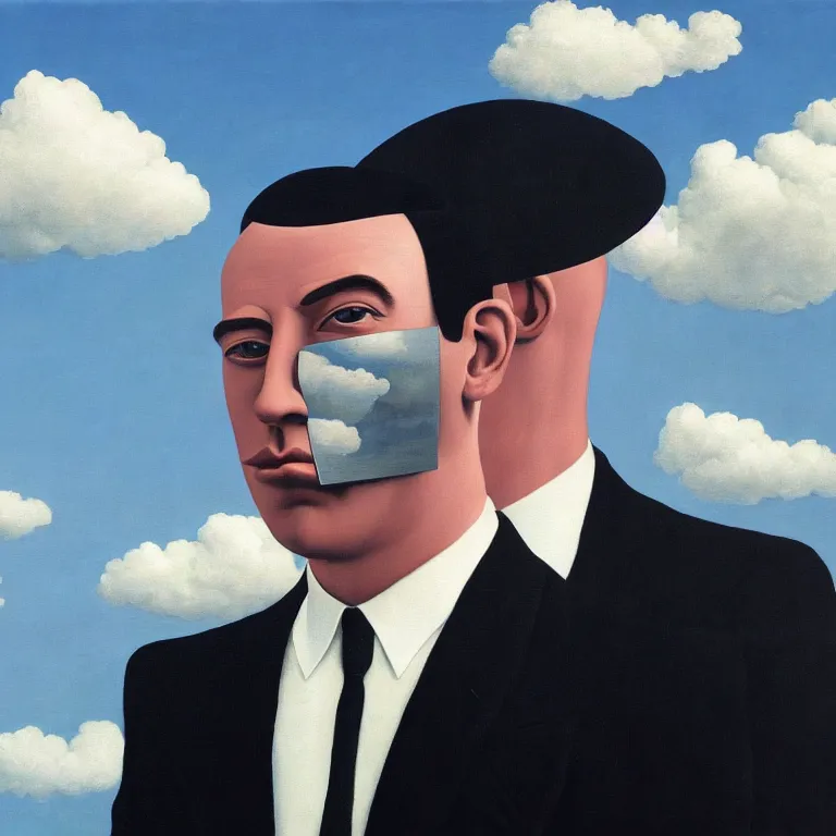 Image similar to portrait of a faceless chrome - head man in a suit, clouds in the background, by rene magritte, detailed painting, distance, centered, hd, hq, high resolution, high detail, 4 k, 8 k