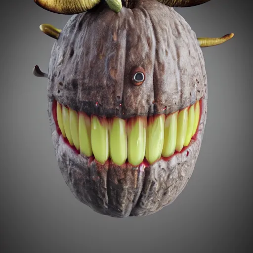 Image similar to An apple with monster teeth and horns, photorealistic, 4k, octane render, dark, scary, mist