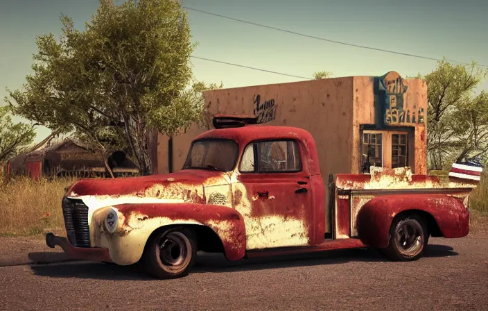 Prompt: A landscape with historical route66 with abandoned gas station and a single old rusty pickup-truck. the summer light dimly illuminates, diffuse light, octane render, lots of sparkling details and sun ray’s, blinding backlight, smoke, volumetric lighting, 35 mm, beautiful reflections, heavenly, softlight