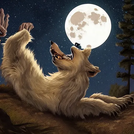 Image similar to werewolf transforming on top of a mountain in the moonlight