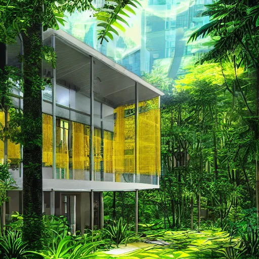 Prompt: “70’s style anime style exterior shot of a crystalline glass house with translucent yellow mesh tarps in a dense jungle”
