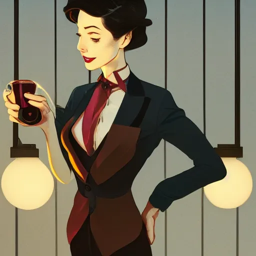 Image similar to a weasel in a suit was drinking tea, surrounded by tea houses ambient lighting, 4 k, lois van baarle, ilya kuvshinov, rossdraws, alphonse mucha, jung gi kim, artstation
