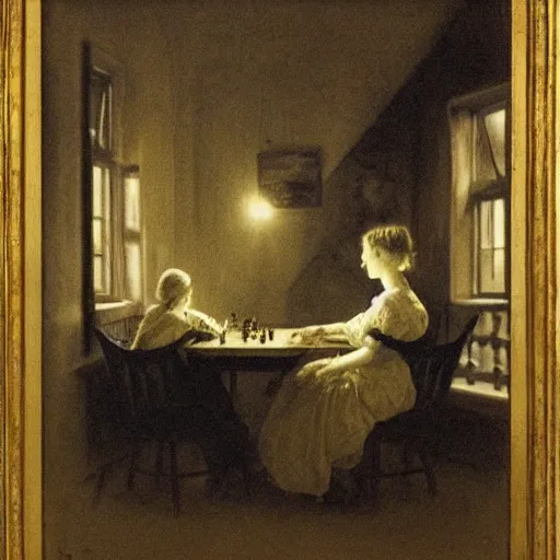 Image similar to two young edwardian women playing chess by a window at night, a beach reflecting moonlight is visible in the background, in the style of anders zorn