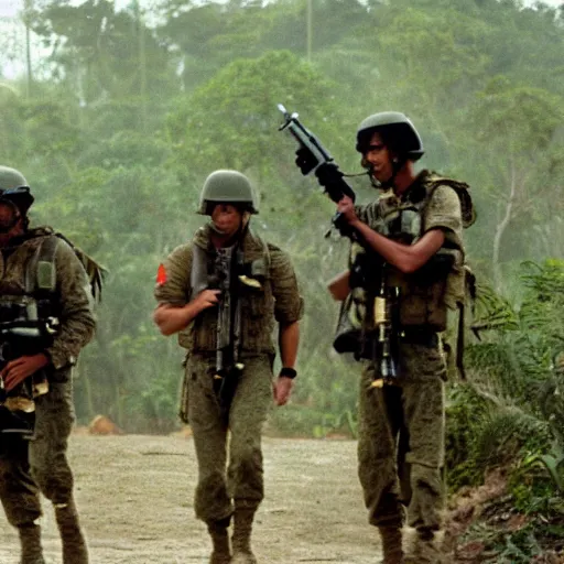 Prompt: military bases in the jungle, 1 9 8 7, movie still