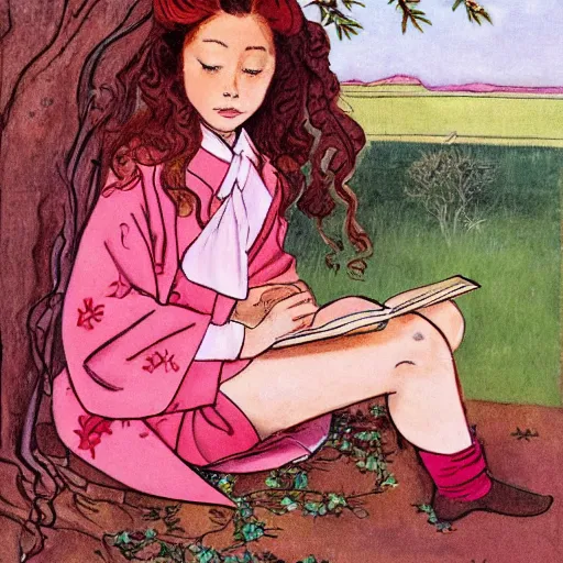 Prompt: beautiful little girl with long curly red hair dressed in a pink kimono and sitting next to a tree while reading a book, artwork made in western comic art style, inspired in balthus, anatomically correct, higher details