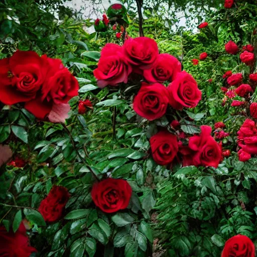 Image similar to inside the jungle of tree - sized roses