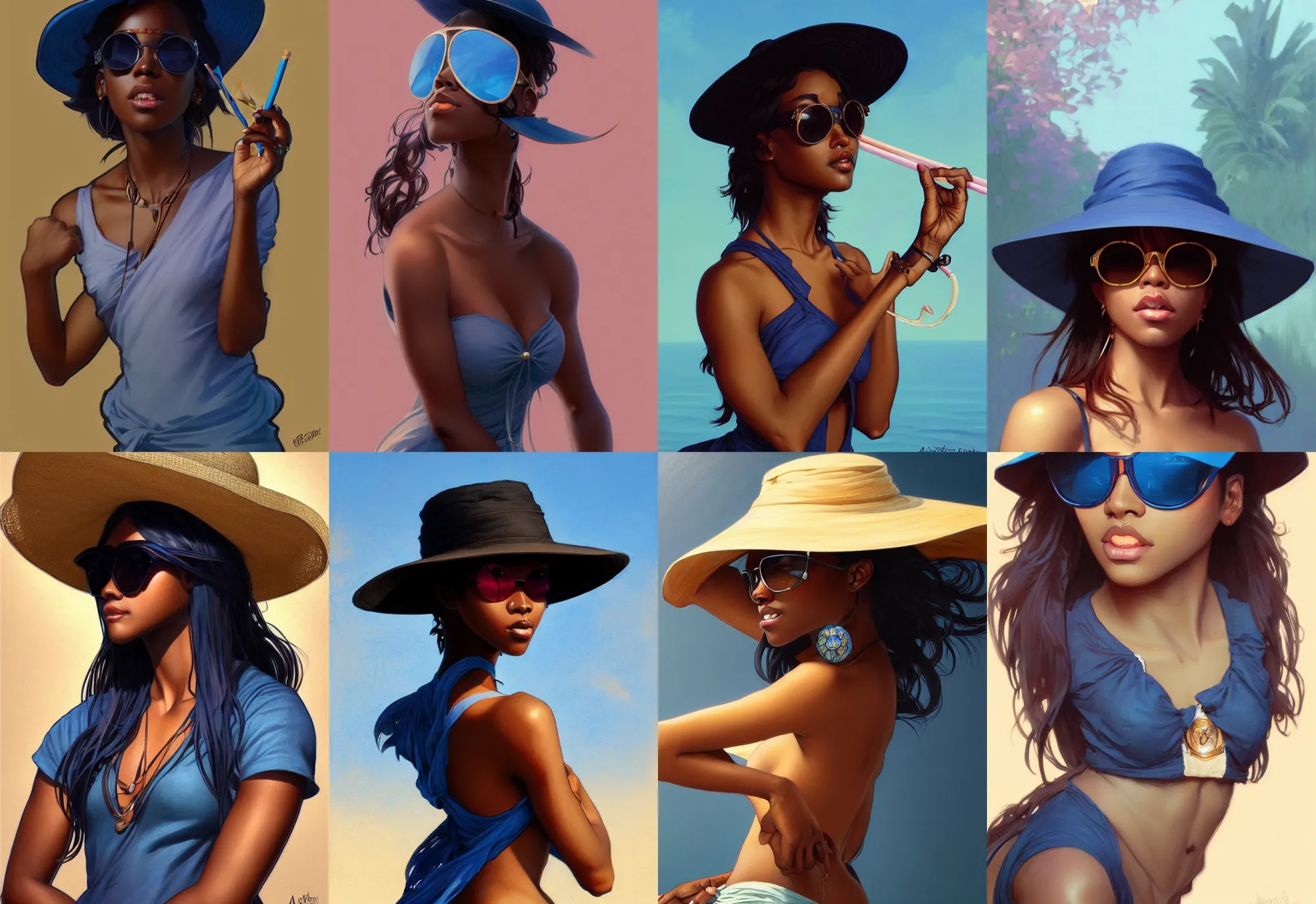 Prompt: a dark skin girl, with sunglass, straw hat, blue shirt, art by artgerm and greg rutkowski and alphonse mucha, trending on artstation, cinematic light, pastel colors, high radiosity