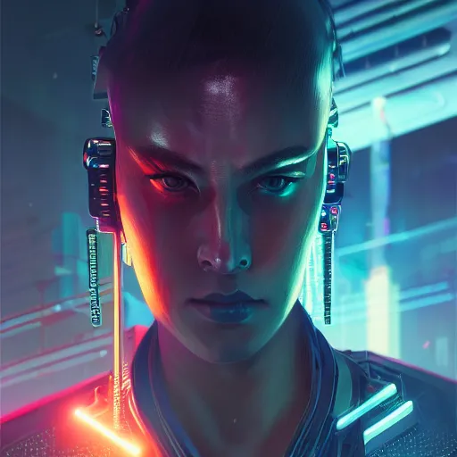 Image similar to portrait of a fierce dangerous cyberpunk hacker cyborg samurai in neotokyo at night, futuristic cyberpunk tokyo night, sci - fi and fantasy, intricate and very beautiful, highly detailed, digital painting, artstation, concept art, smooth and sharp focus, illustration, art by tian zi and wlop and alphonse mucha