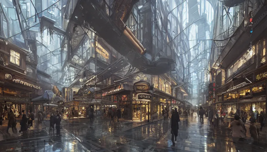 Prompt: shopping street with a transparent glass floor with more shops underneath in a Dieselpunk city, shopwindows, light, shadows, reflections, steam, epic composition, intricate, elegant, volumetric lighting, digital painting, highly detailed, artstation, sharp focus, illustration, concept art, ruan jia, steve mccurry