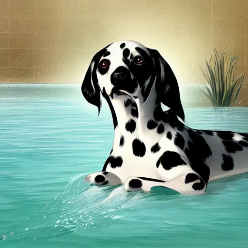 Prompt: dalmatian dog swimming in pool, elegant, highly detailed, digital painting, artstation, concept art, matte, sharp focus, illustration