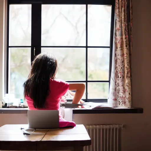 Prompt: lofi girl studying in front of a window