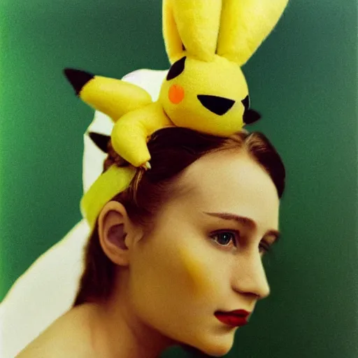 Image similar to elegant woman dressed up as pikachu, art photo by Annie Liebovitz and David Hamilton and Alphonse Mucha