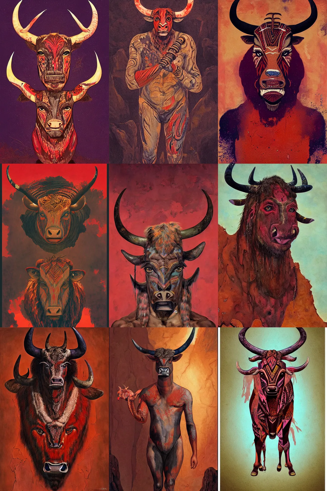 Prompt: a shaded painted full body illustration of a male minotaur with glowing tribal skin markings in a dark cave environment with a bovine head, painterly, detailed, art - deco, red and purple palette : : 0. 3 by conrad roset, nicola samuri, dino valls, m. w. kaluta, rule of thirds, beautiful