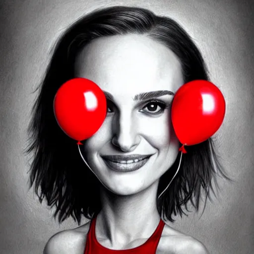 Prompt: surrealism grunge cartoon portrait sketch of natalie portman with a wide smile and a red balloon by - michael karcz, loony toons style, horror theme, detailed, elegant, intricate