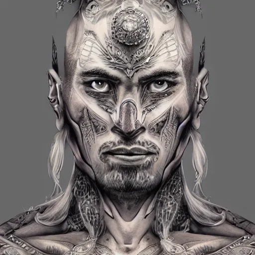 Image similar to a WLOP 3d render of Very very very very highly detailed mystic, enigmatic, strange portrait of a phantom warrior with galaxy, tattoos by Anton Pieck, intricate, extremely detailed, digital painting, artstation, concept art, smooth, sharp focus, illustration, intimidating lighting, incredible art,