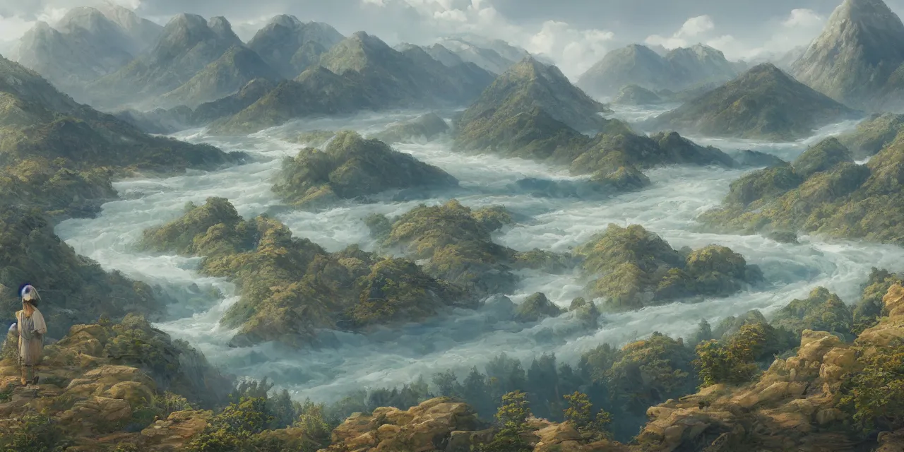 Image similar to a beautiful painting of a scene about a panorama of rivers and mountains, by yuumei and james jean, trending on artstation., ultrawide viewn and highly detailed matte painting