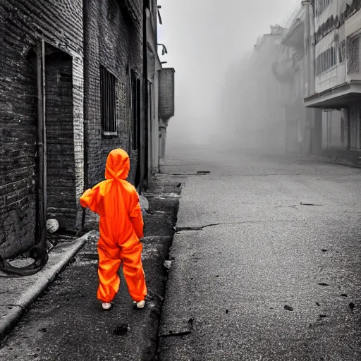 Image similar to a child wearing an orange hazmat suit on a post-war era street, dark smoke in the background, filthy streets, broken cars. Vines growing. Jpeg artifacts. Award-winning photo. Samyang/Rokinon Xeen 50mm T1.5