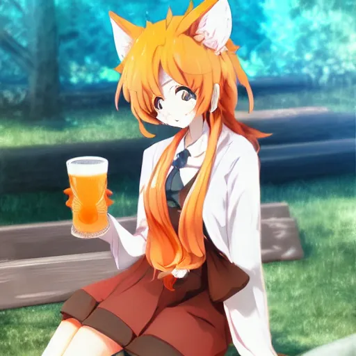 Prompt: senko-san anime kitsune foxgirl drinks beer trending on pixiv orange hair orange tail